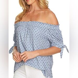 CeCe Printed Off The Shoulder Top blue white mini gingham print & Swiss dot Sz M